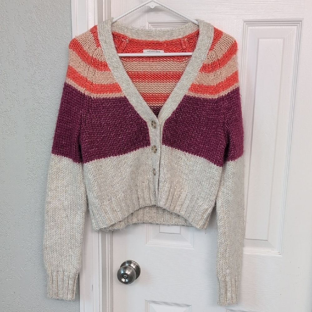 American Eagle Outfitters Striped Cardigan in Pink, Orange, and Cream Wool Blend